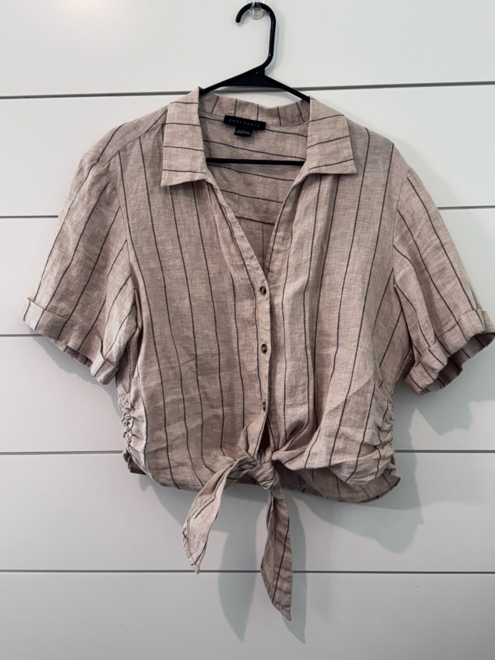 Sanctuary Ocean Striped Linen Tie-Front Crop Shirt Large